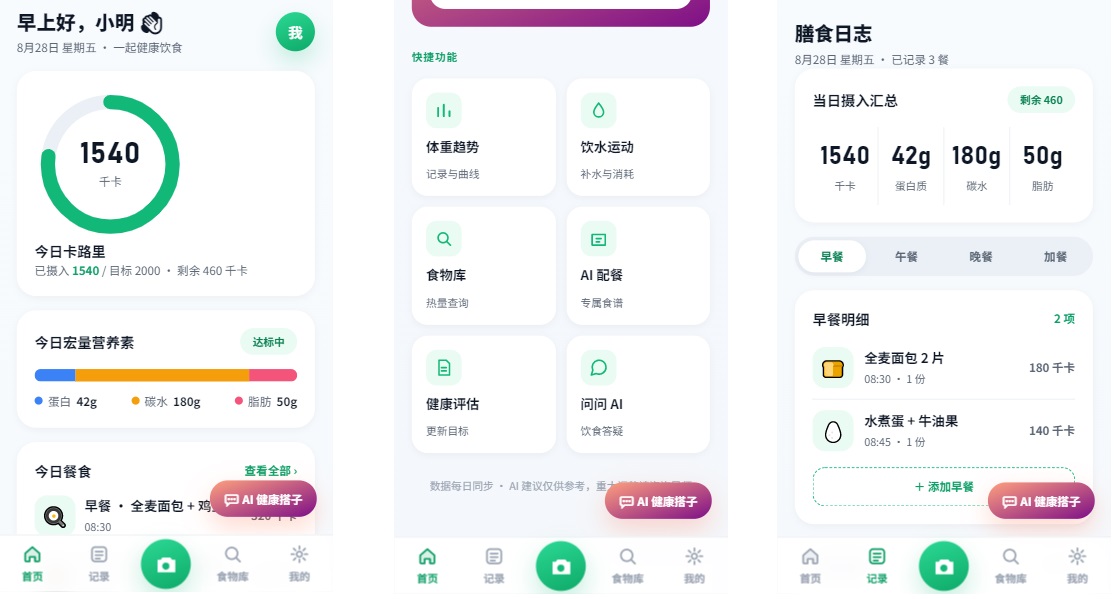 AI健康搭子首页：今天也要轻盈一点，一周六餐按中式食谱配好